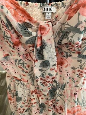 AUW Floral Tie-Front Dress in Coral, Sage, and Cream